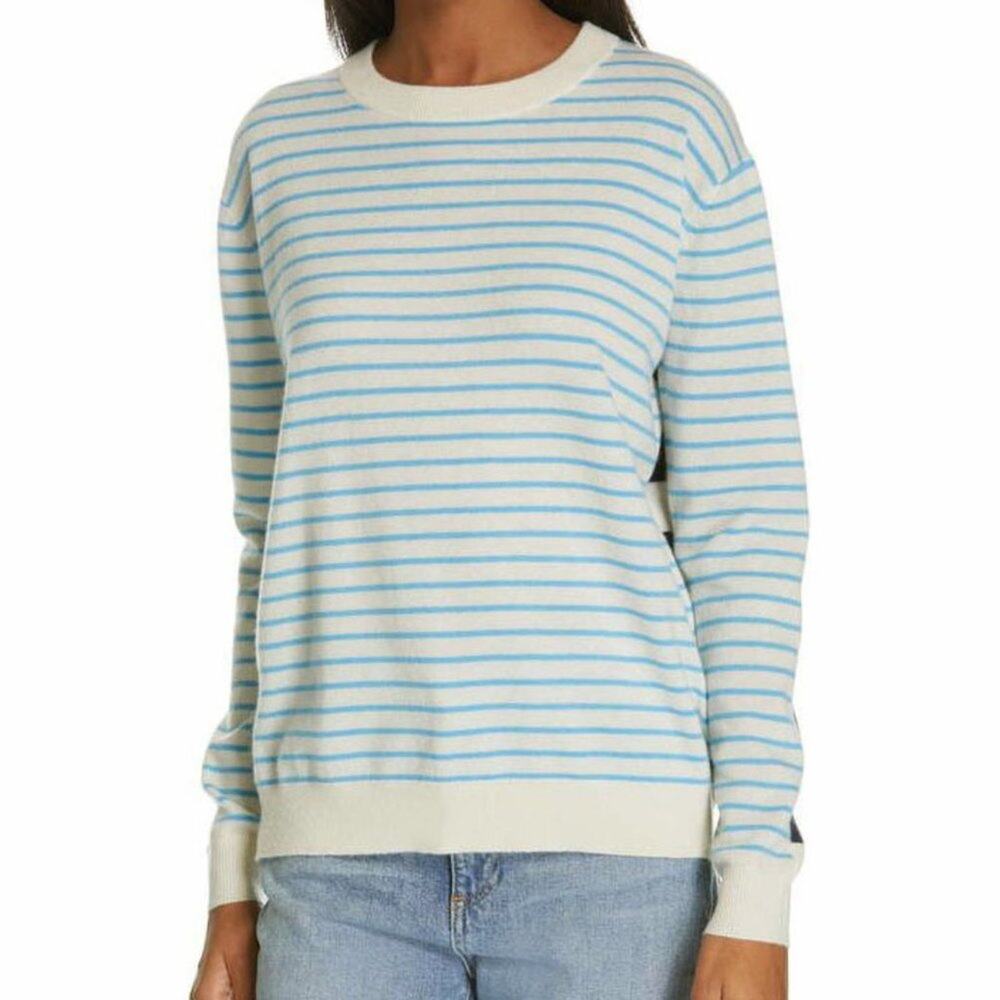 Nordstrom 100% Cashmere Baby Blue Navy Blue Stripe Sweater  XS Women's